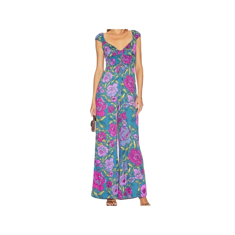 Free People New Rolling Hills Jumpsuit in Bluebell Floral Combo Size Large